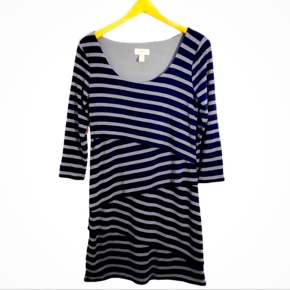 Ann Taylor Loft Factory Black & Gray Striped Layered 3/4 Sleeve Dress, Size XS